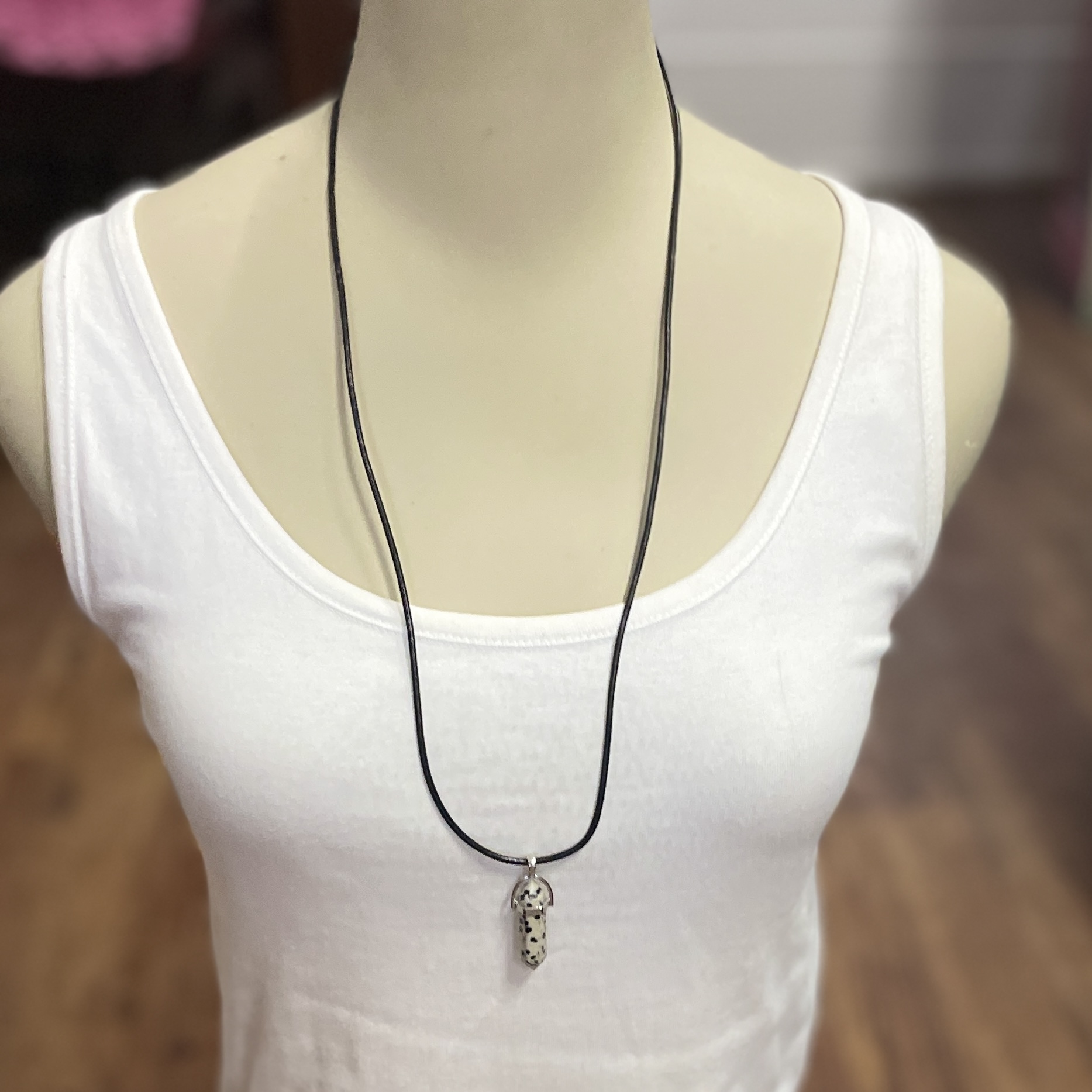 "BLACK LEATHER NECKLACE" ~ with Dalmatian Stone Pendant by Wanita Stanley - Image 2