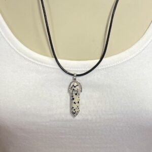 "BLACK LEATHER NECKLACE" ~ with Dalmatian Stone Pendant by Wanita Stanley