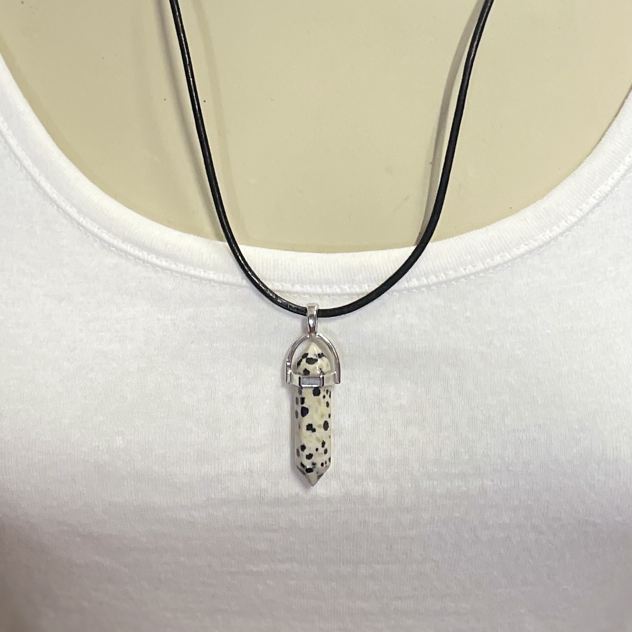 "BLACK LEATHER NECKLACE" ~ with Dalmatian Stone Pendant by Wanita Stanley