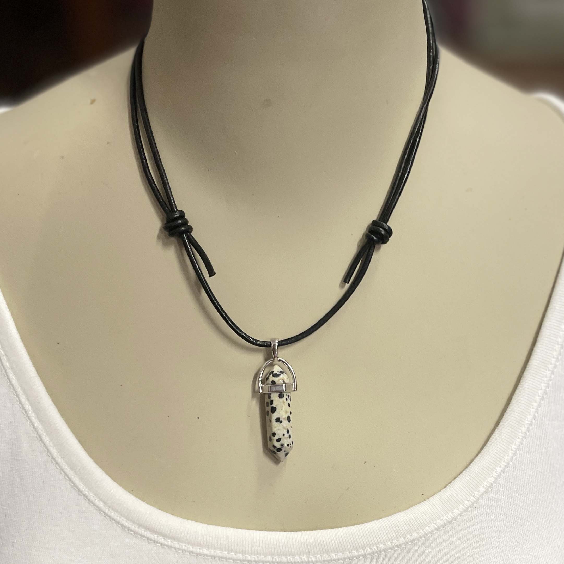 "BLACK LEATHER NECKLACE" ~ with Dalmatian Stone Pendant by Wanita Stanley - Image 3