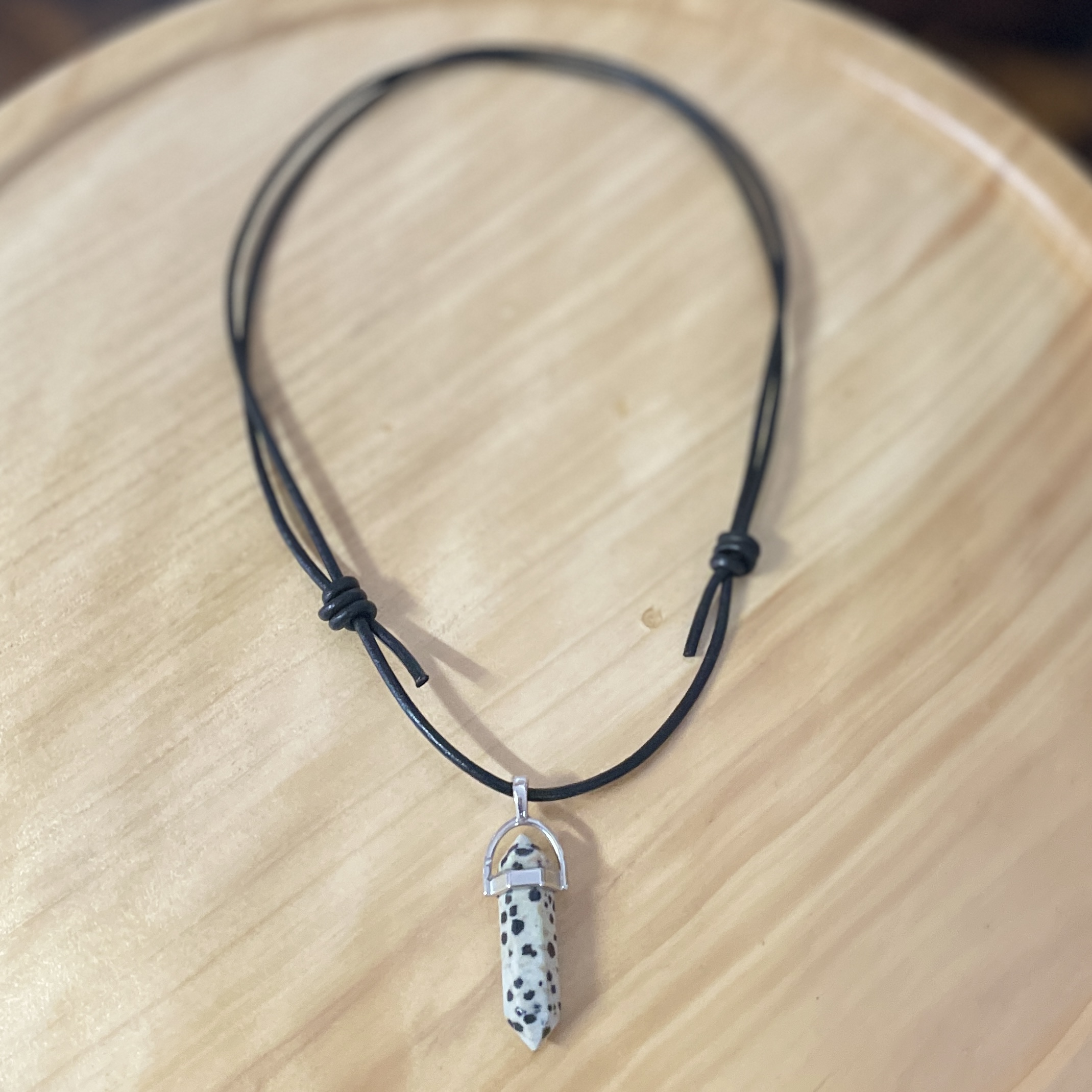 "BLACK LEATHER NECKLACE" ~ with Dalmatian Stone Pendant by Wanita Stanley - Image 4