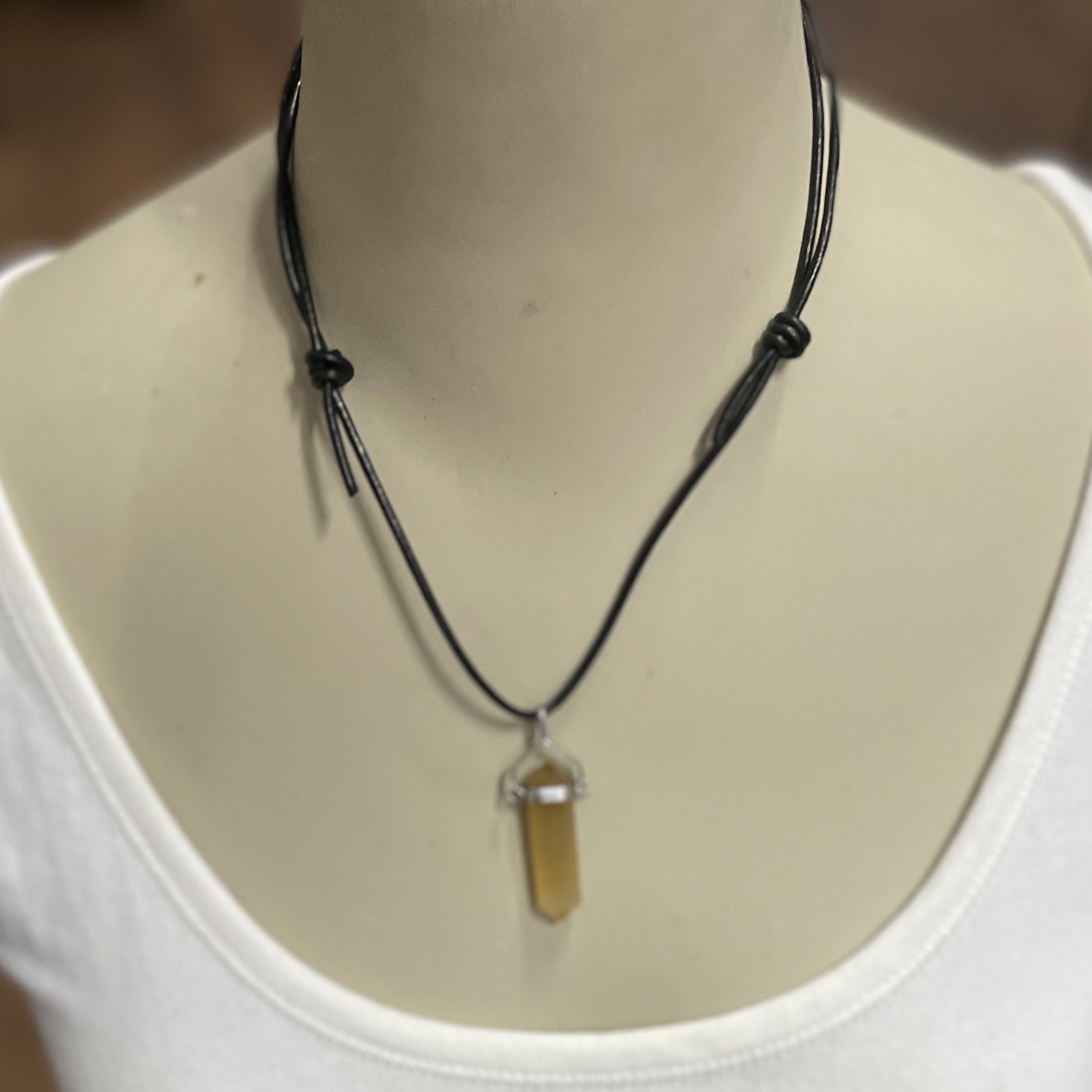 "BLACK LEATHER NECKLACE" ~ with Calcite Stone Pendant by Wanita Stanley