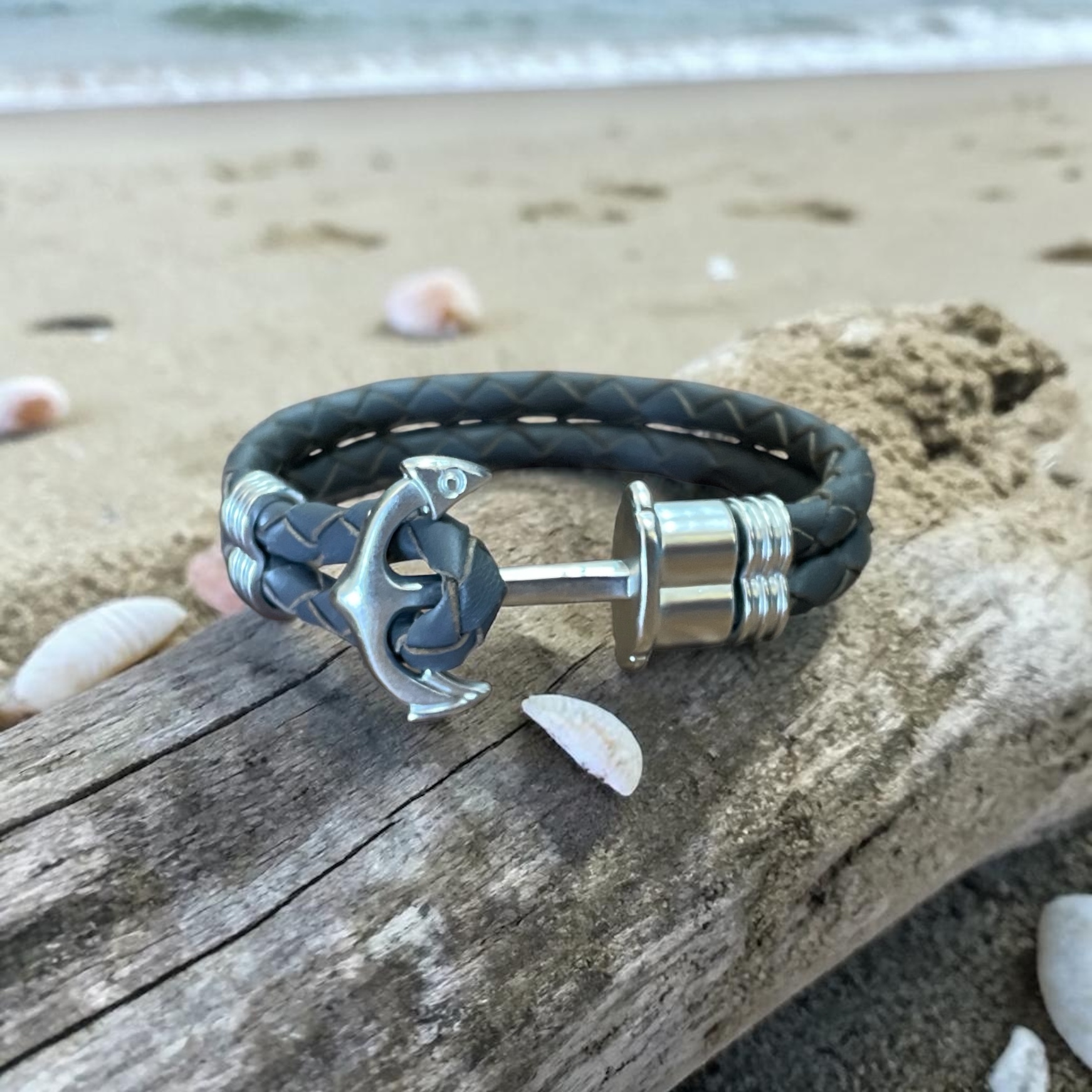 "PLAITED LEATHER BRACELET" ~ in Gunmetal Grey with Large Silver Anchor by Wanita Stanley - Image 2