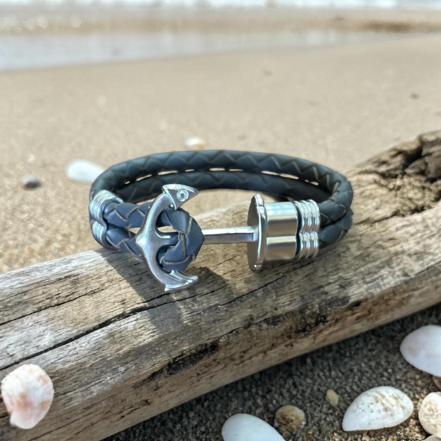 "PLAITED LEATHER BRACELET" ~ in Gunmetal Grey with Large Silver Anchor by Wanita Stanley