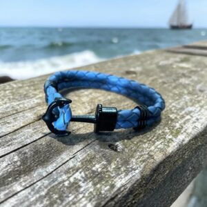 "PLAITED LEATHER BRACELET" ~ in Jacaranda with Large Black Anchor by Wanita Stanley