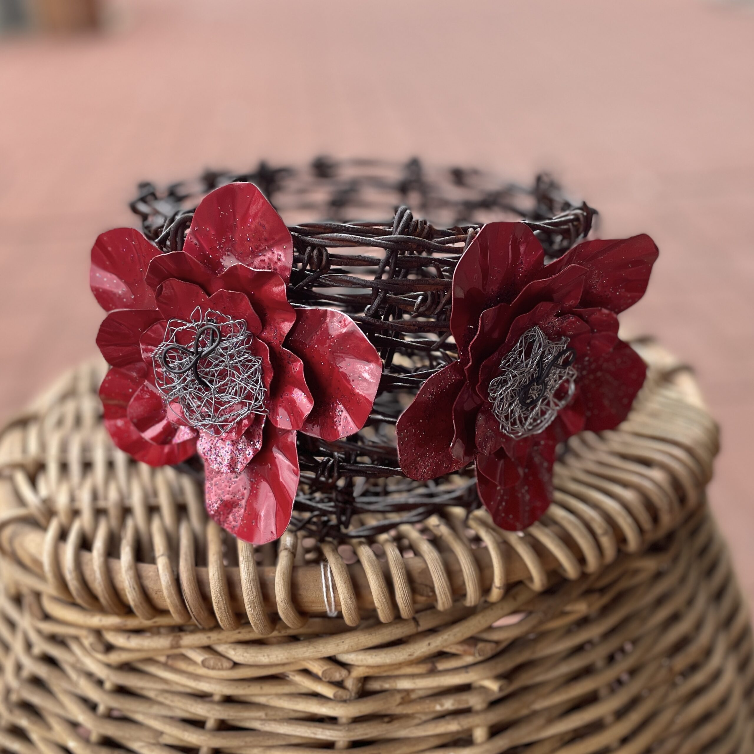 "BARBED WIRE POT-HOLDER" ~ with Red Flowers by Lynelle Smith - Image 2