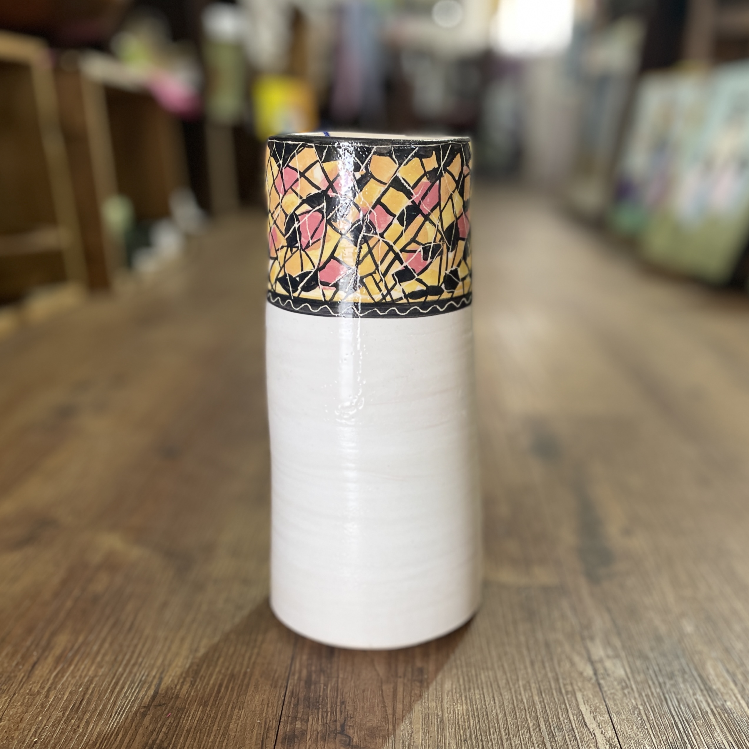"WHITE VASE WITH MOSAIC LOOK TOP" ~ Wheel Thrown Pottery by Julie Buckworth - Image 3
