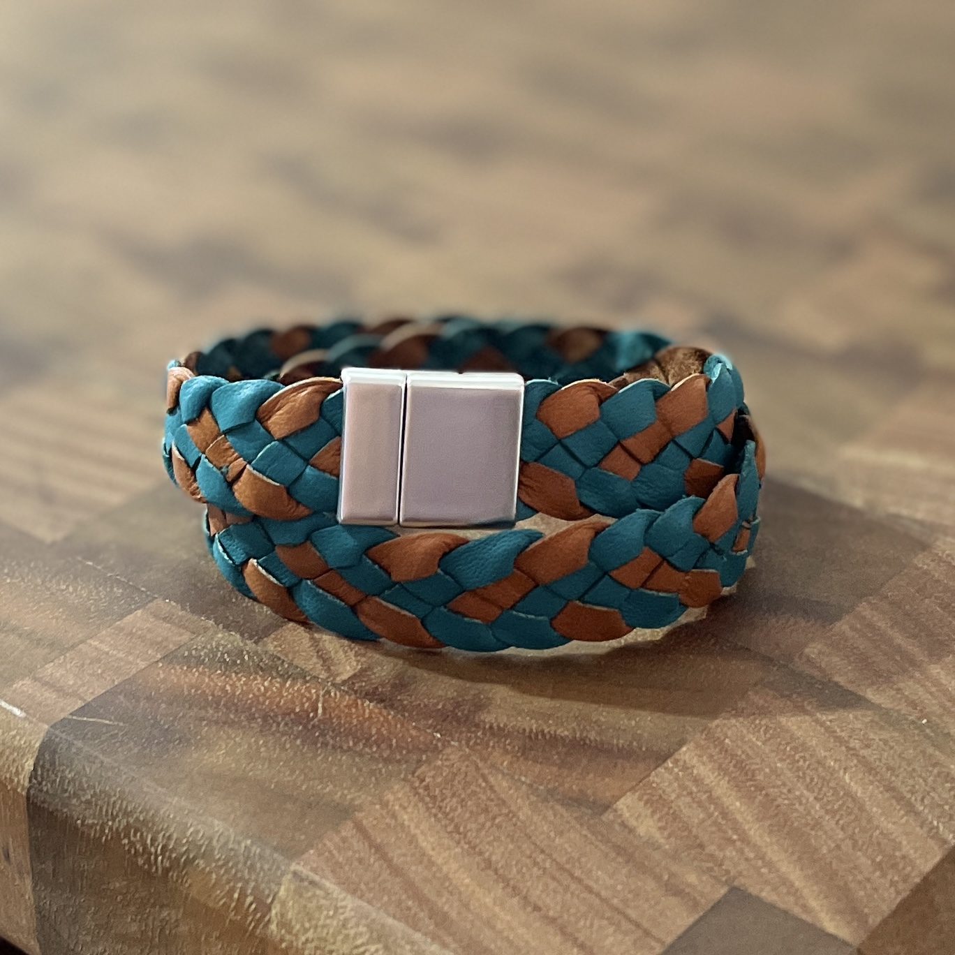 "PLAITED LEATHER WRIST WRAP" ~ Double in Tan & Aqua by Wanita Stanley - Image 2