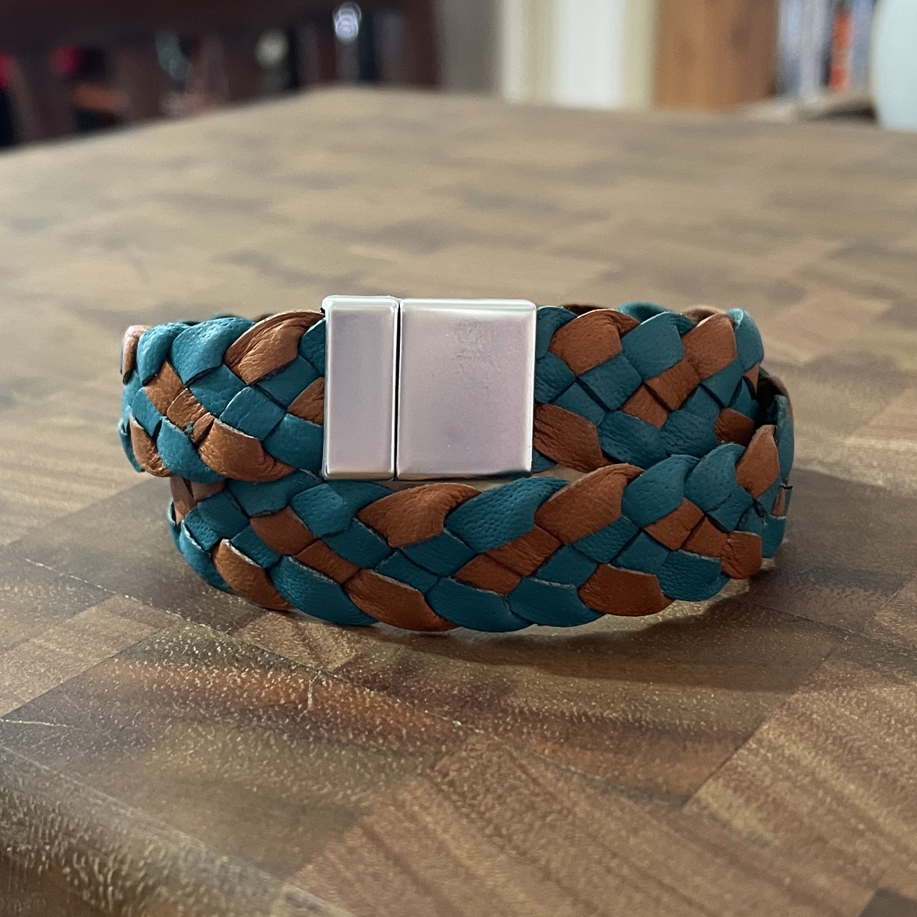 "PLAITED LEATHER WRIST WRAP" ~ Double in Tan & Aqua by Wanita Stanley - Image 3