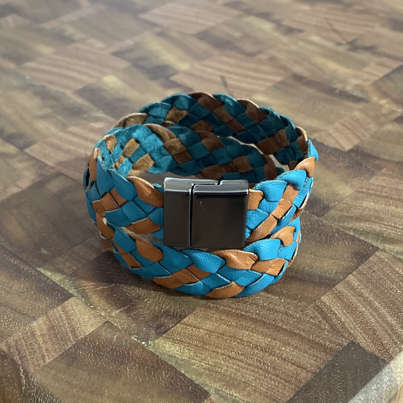 "PLAITED LEATHER WRIST WRAP" ~ Double in Tan & Aqua by Wanita Stanley - Image 4