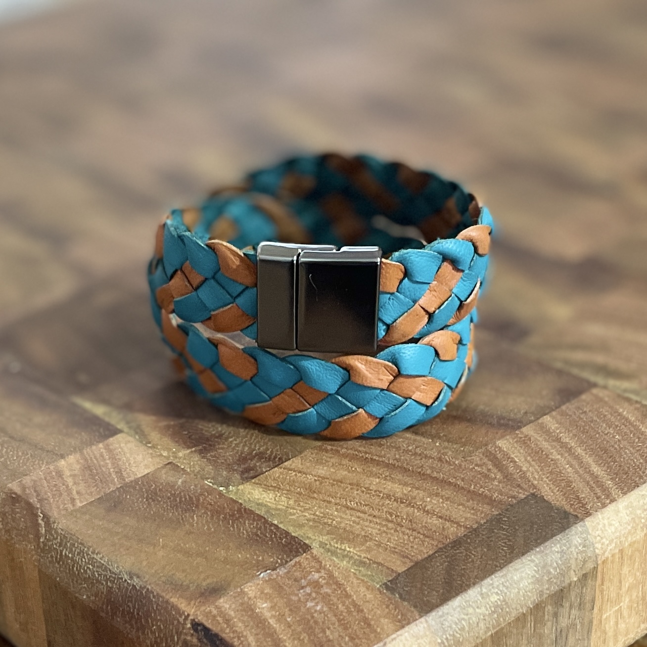 "PLAITED LEATHER WRIST WRAP" ~ Double in Tan & Aqua by Wanita Stanley - Image 3