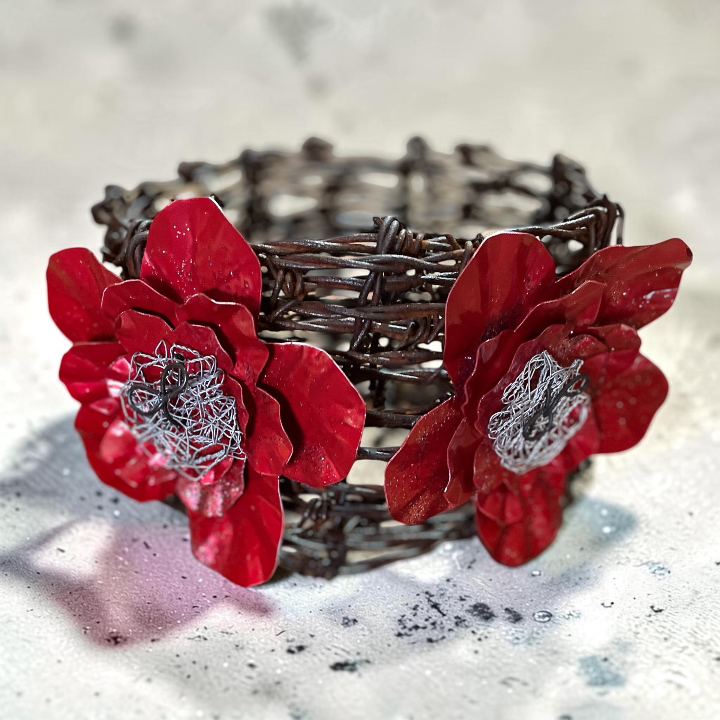 "BARBED WIRE POT-HOLDER" ~ with Red Flowers by Lynelle Smith