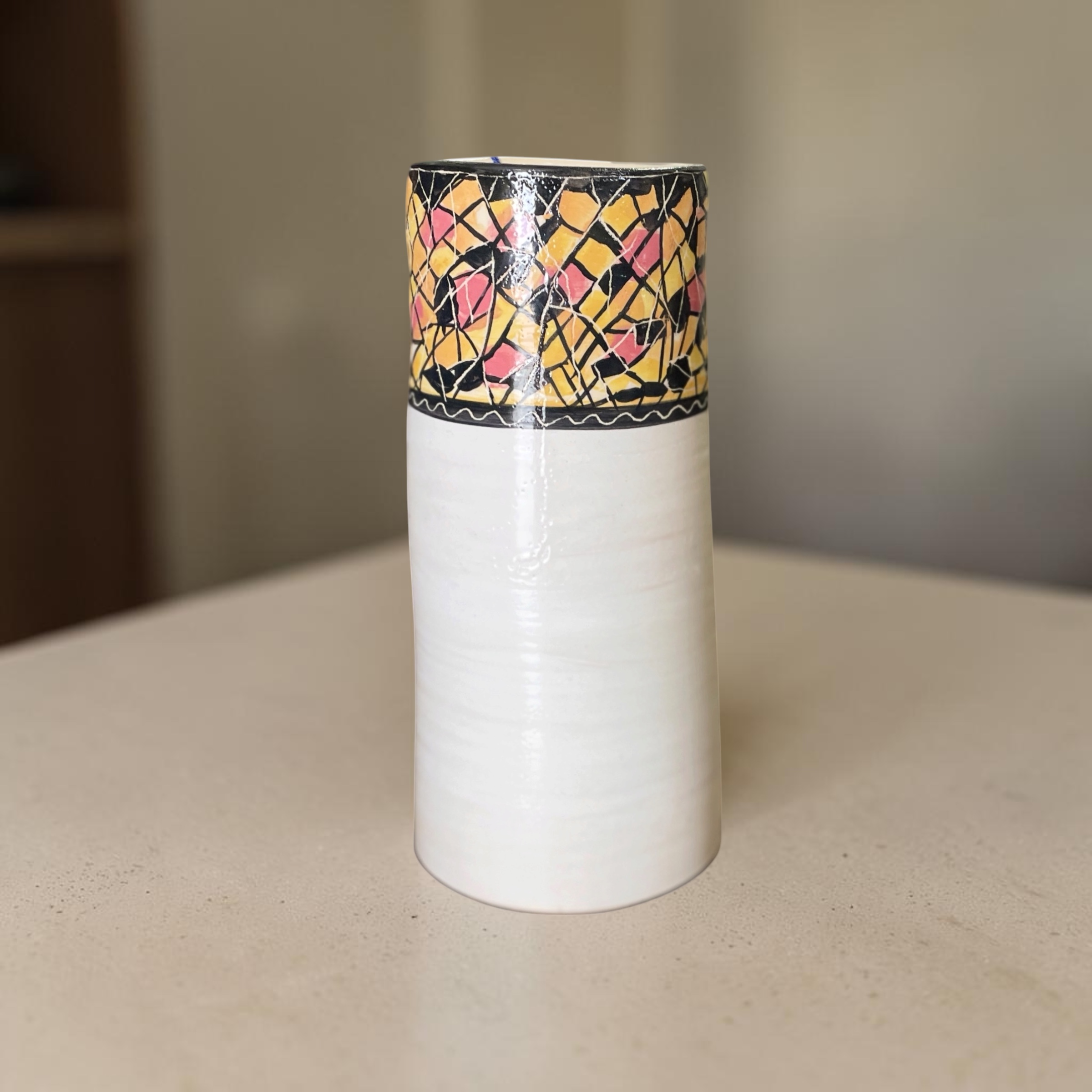 "WHITE VASE WITH MOSAIC LOOK TOP" ~ Wheel Thrown Pottery by Julie Buckworth - Image 6
