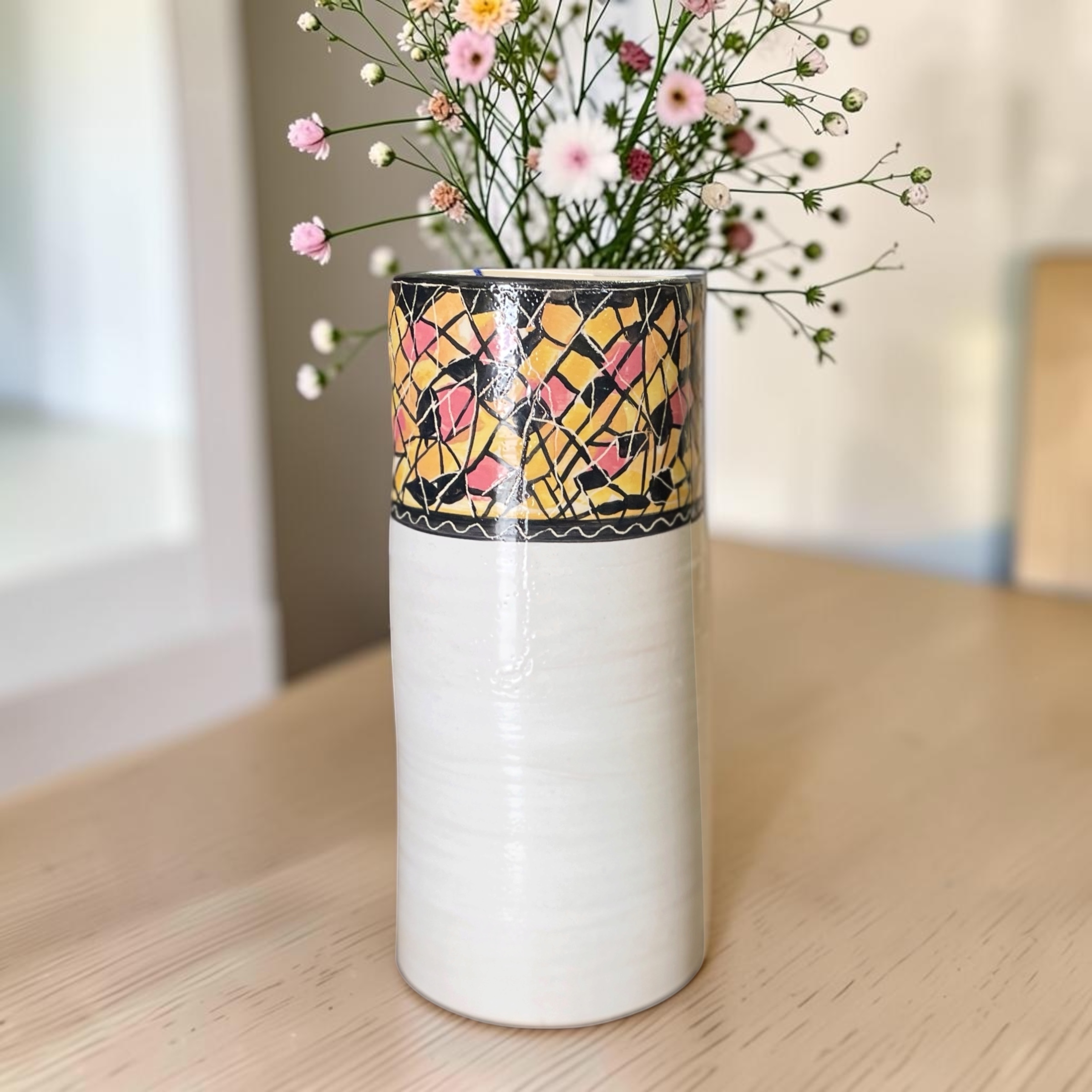 "WHITE VASE WITH MOSAIC LOOK TOP" ~ Wheel Thrown Pottery by Julie Buckworth - Image 7