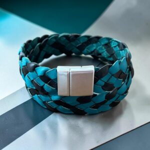 "PLAITED LEATHER WRIST WRAP" ~ Double in Black & Aqua by Wanita Stanley