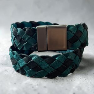 "PLAITED LEATHER WRIST WRAP" ~ Double in Black & Aqua by Wanita Stanley