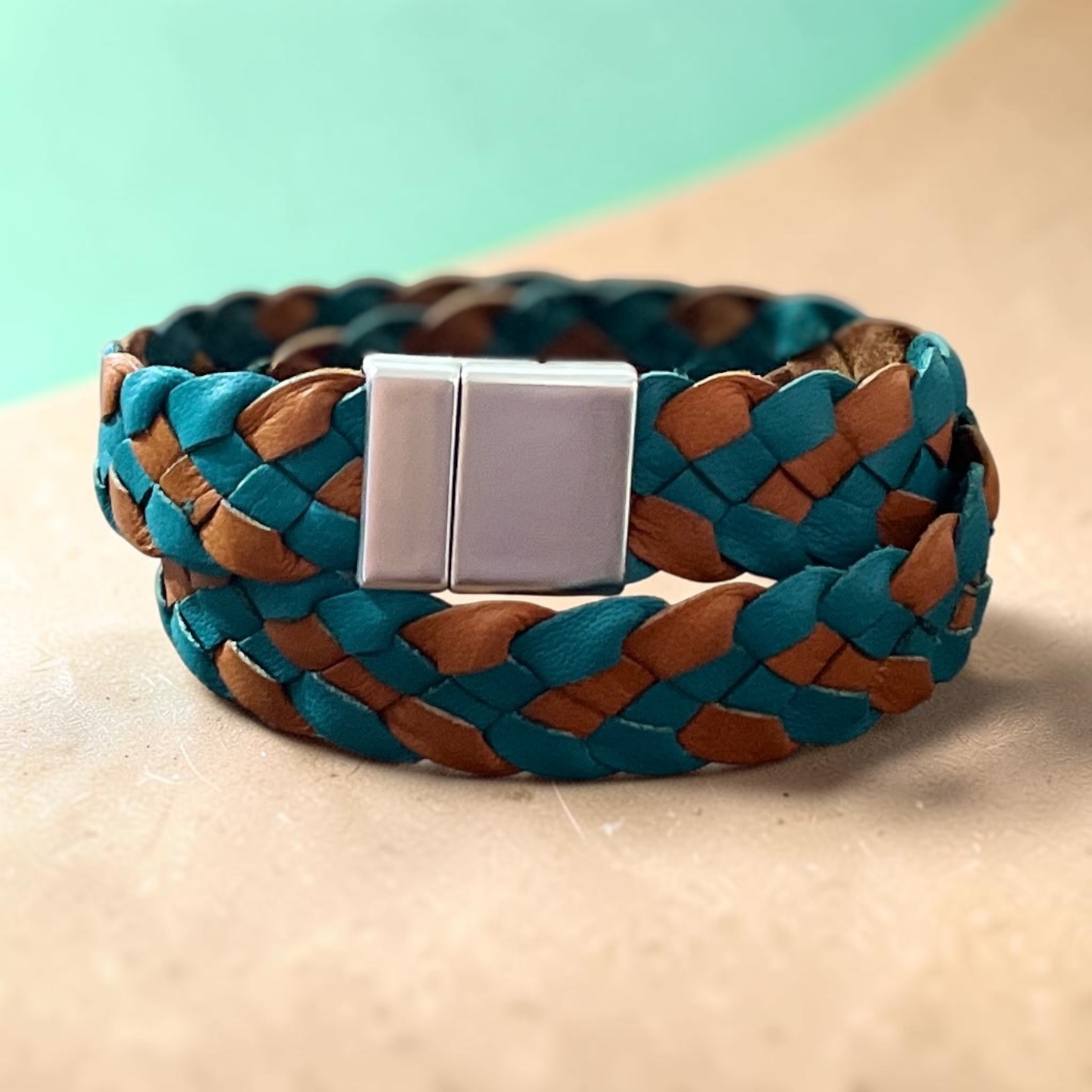 "PLAITED LEATHER WRIST WRAP" ~ Double in Tan & Aqua by Wanita Stanley - Image 4