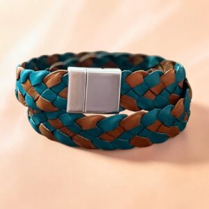 "PLAITED LEATHER WRIST WRAP" ~ Double in Tan & Aqua by Wanita Stanley
