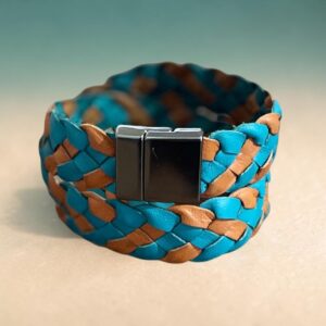 "PLAITED LEATHER WRIST WRAP" ~ Double in Tan & Aqua by Wanita Stanley