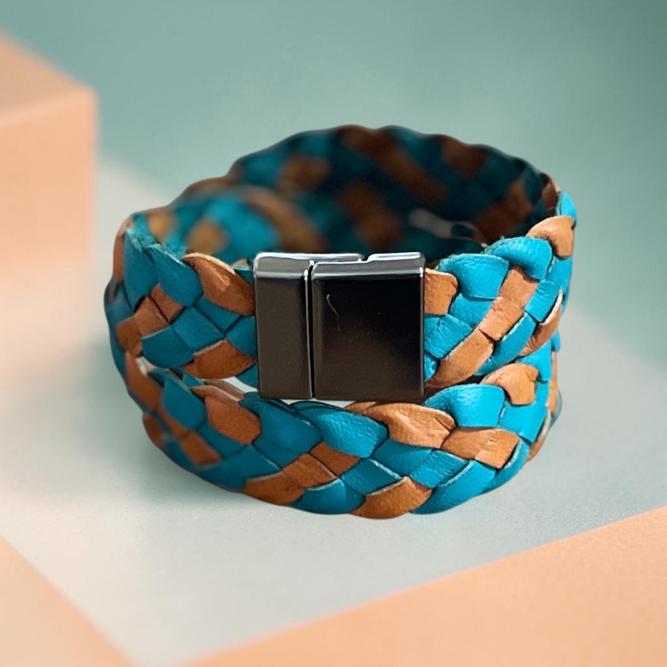 "PLAITED LEATHER WRIST WRAP" ~ Double in Tan & Aqua by Wanita Stanley - Image 2
